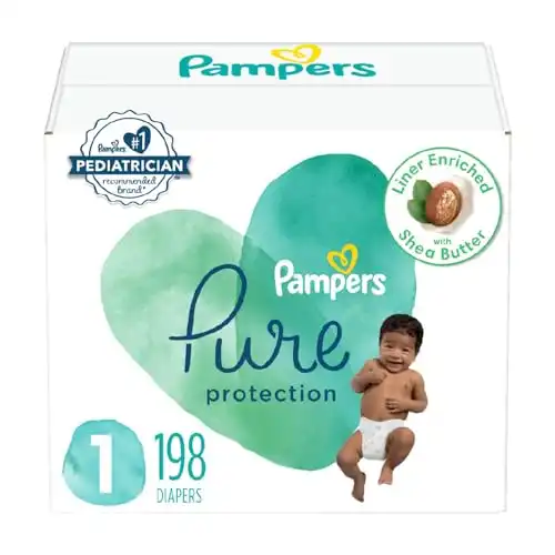 Pampers Pure Protection Diapers - Size 1, One Month Supply (198 Count), Hypoallergenic Premium Disposable Baby Diapers (Packaging May Vary)