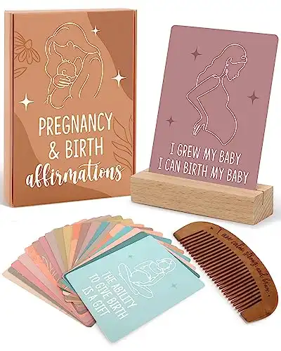 Levfla Pregnancy and Birth Affirmation Cards with Wooden Engraved Labor Comb Production Encouragement Positive Push New Mom Gifts for Women After Birth Boho Style Gender Reveal Neutral Present